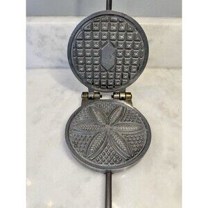 Vintage Cast Aluminum Cookie Press Mold Waffle with Iron and Wood Handle